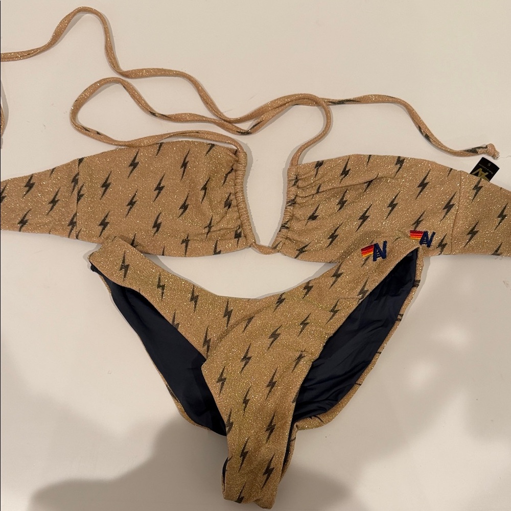 Aviator nation Tan Bikini top with Lightning Bolt Pattern top small